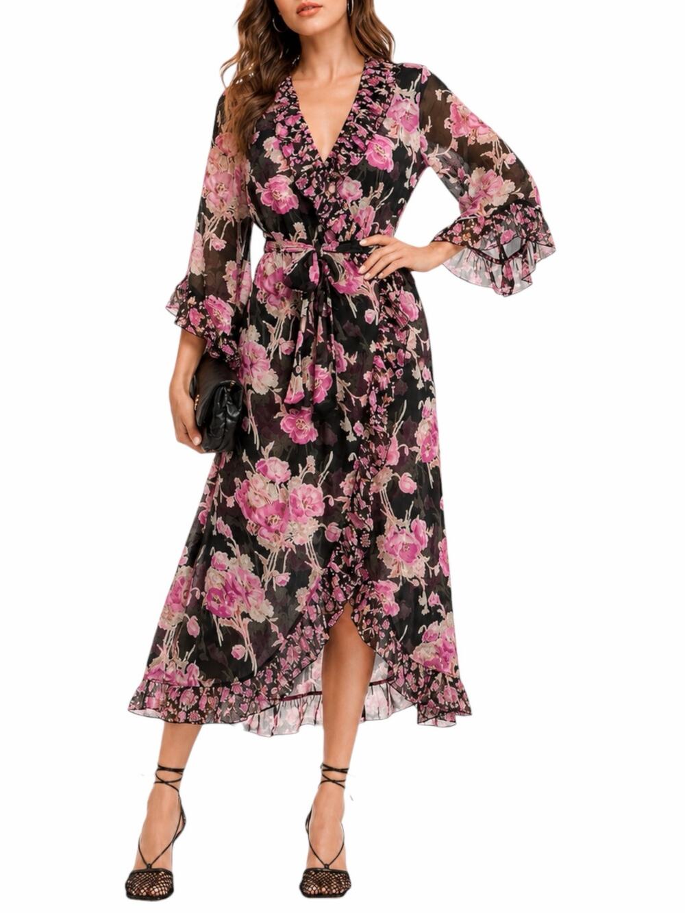 MISA Los Angelos Naia Floral Print Chiffon Wrap Midi Dress Size XS